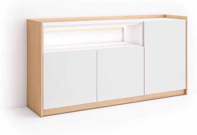 Credenza, Mobile, Cucina, 156x80x37 cm, 3 Porte, LED, Bianco e Rovere soft
