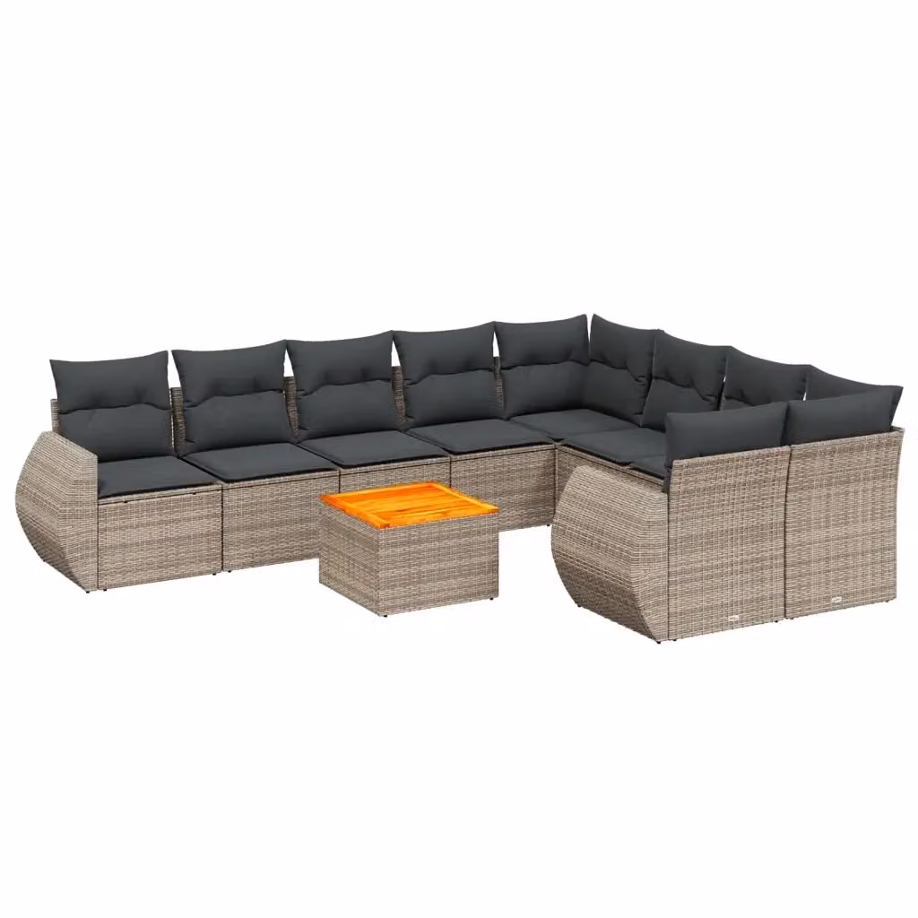 vidaXL Set Divano da Giardino a L 10 pz in Polyrattan Grigio con Cuscini e Tavolino – 2