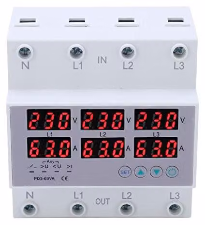 Voltimetro per quadri elettrici a 3 fasi, conforme alla norma DIN, per tensioni AC da 390 a 500V, corrente da 1 a 63A, con protezione da sovraccarico e sottotensione