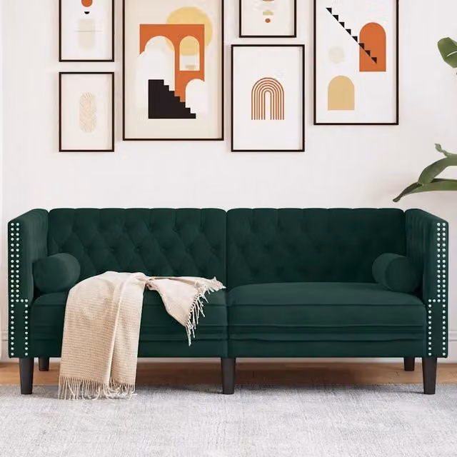 Divano Chesterfield a 2 posti vidaXL in velluto verde con cuscini inclusi L: 174 cm, P: 74,5 cm, H: 70,5 cm – 1