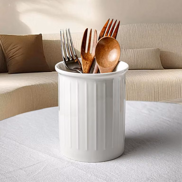 Portaoggetti in Vetroceramica per la cucina, dimensioni 13,3x10,8x9,7 cm, ideale per posate e cucchiai
