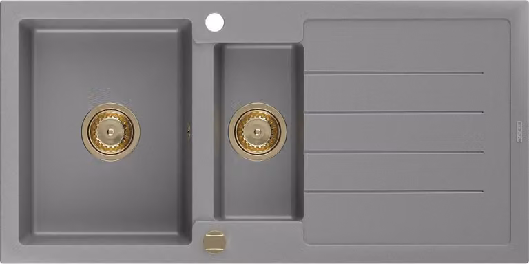 Mexen Andres lavello in granito a 1,5 vasche con sgocciolatoio 1000 x 500 mm, grigio, sifone dorato - 6515101510-71-G