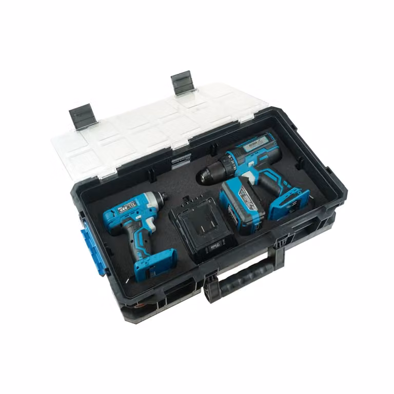 Set Di Chiavi A Percussione Dedra Sas+All, Trapano/Avvitatore Ded7141, Avvitatore Ded7045, Pacco Batteria 4Ah Ded7034, Caricabatterie Ded7038, Scatola Di Spugna N0303G