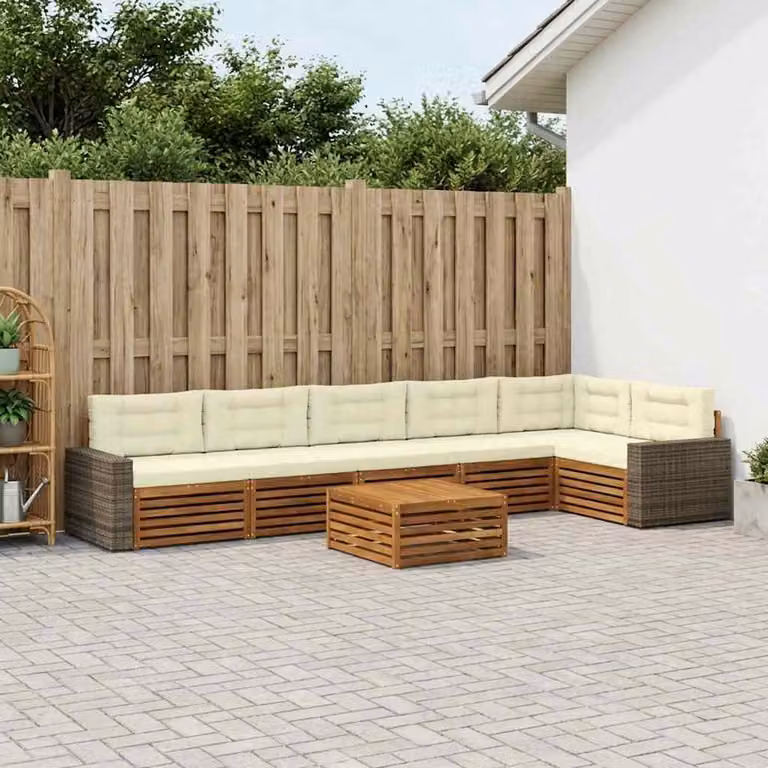 Set di divani da esterno vidaXL 7 pz in legno di acacia con cuscini beige e bianco per giardino e terrazza