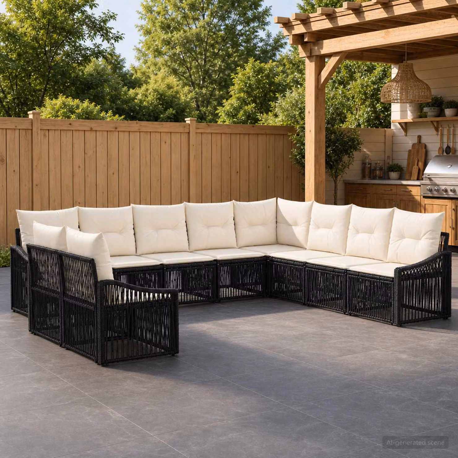 Set Divano da Giardino vidaXL 10 Pezzi a Forma di U in Polyrattan Nero con Cuscini Imbottiti e Struttura in Acciaio