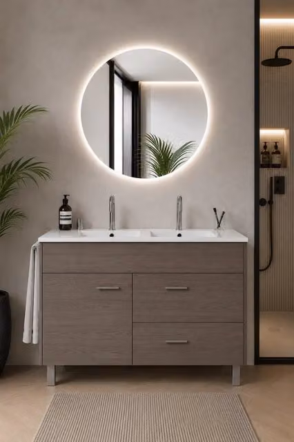 Mobile bagno con lavabo ORIGENBATH SAMOS senza specchio 120x45 cm doppio lavabo rovere smoky
