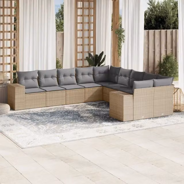 Set Divano da Giardino 10 pz con Cuscini Beige in Polyrattan 3255446