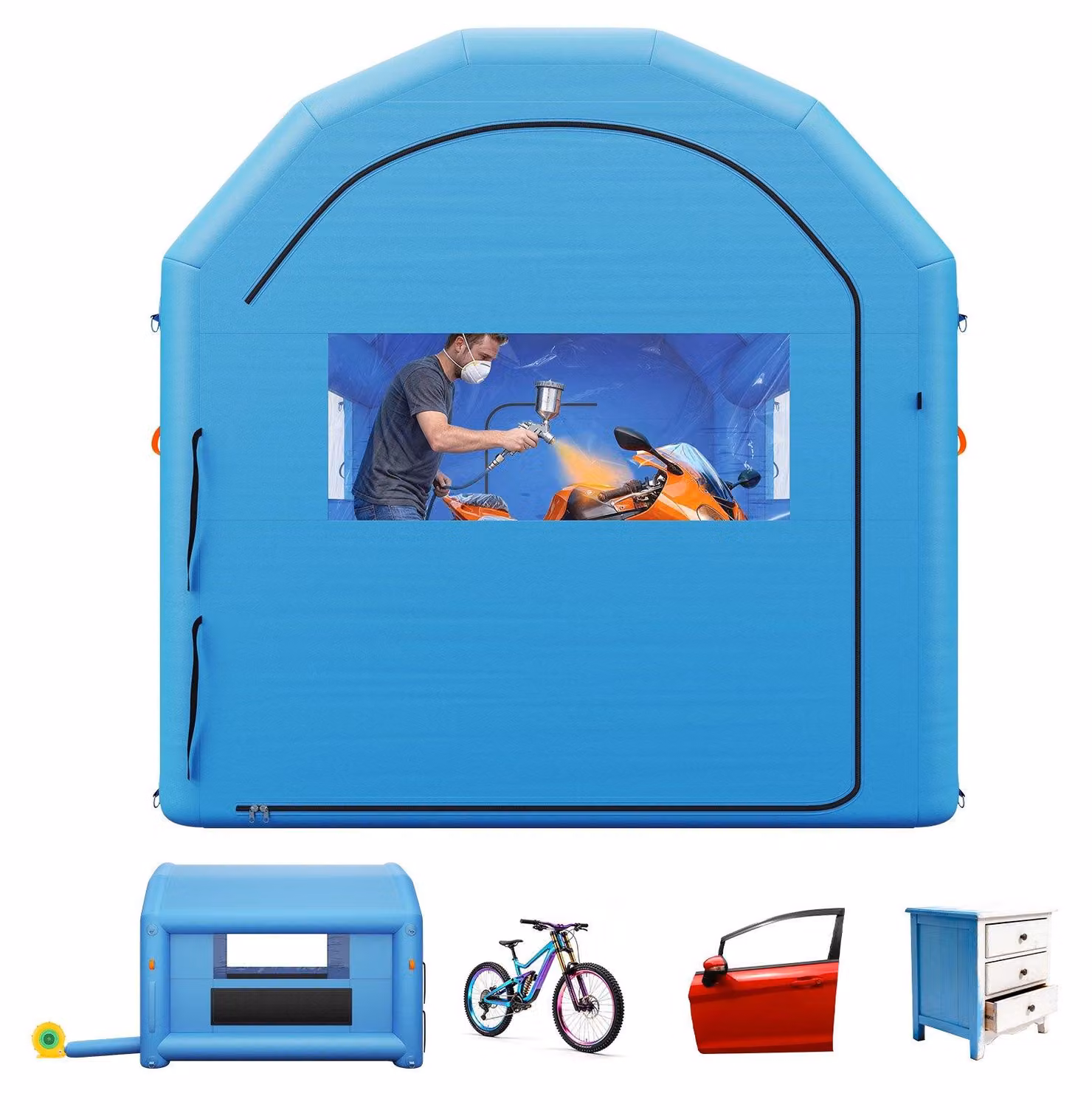 Cabina di verniciatura gonfiabile - Cabina di verniciatura 4 x 3 x 2,75 m - Con ventilatore da 750 W - Sistema di filtri a carbone attivo - Finestre in PVC - Adatta per biciclette, motociclette, mobili - Colore blu