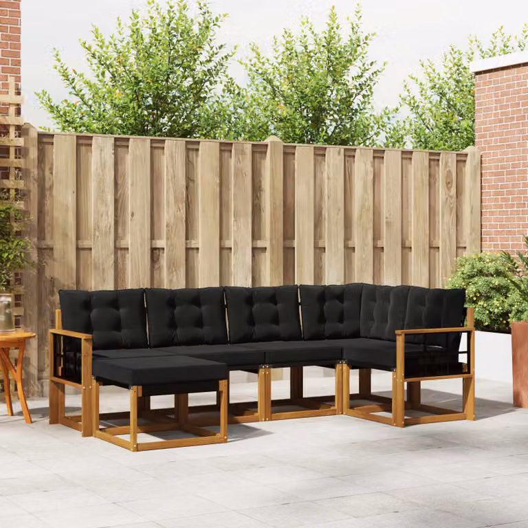 Set di divani da esterno vidaXL a forma di L composto da 6 pezzi in legno di acacia con cuscini in tessuto textilene, colore marrone e nero