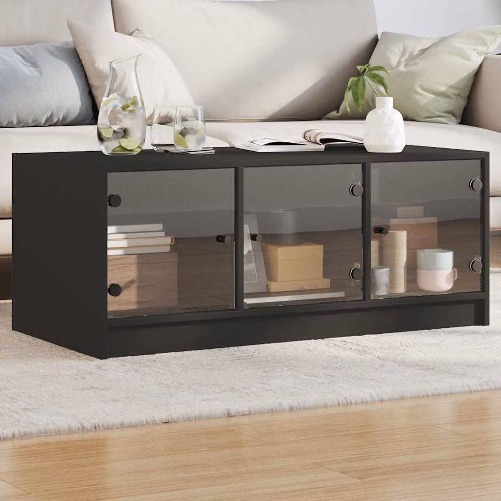 vidaXL Tavolino da Salotto Moderno con Ante in Vetro Nero L: 102 cm, P: 50 cm, H: 42 cm