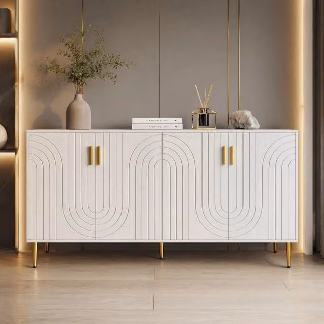 Credenza moderna in MDF bianco con frontale ondulato e dettagli oro per sala da pranzo o soggiorno L: 152 cm, P: 40 cm, H: 75 cm