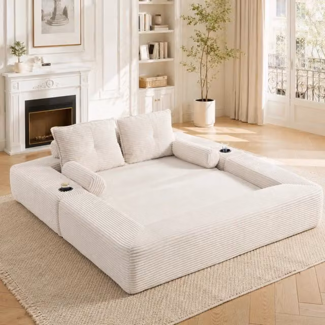 Divano letto moderno REDOM in velluto a coste beige con funzione letto e coperture rimovibili L: 180 cm, P: 98 cm, H: 80 cm