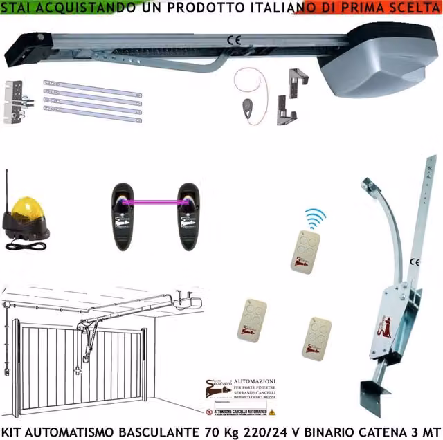 Kit Motore per Cancello Basculante Securvera Cler da Soffitto con Binario in Alluminio Grigio, Catena in Acciaio da 3 Metri, 3 Radiocomandi e Fotocellule