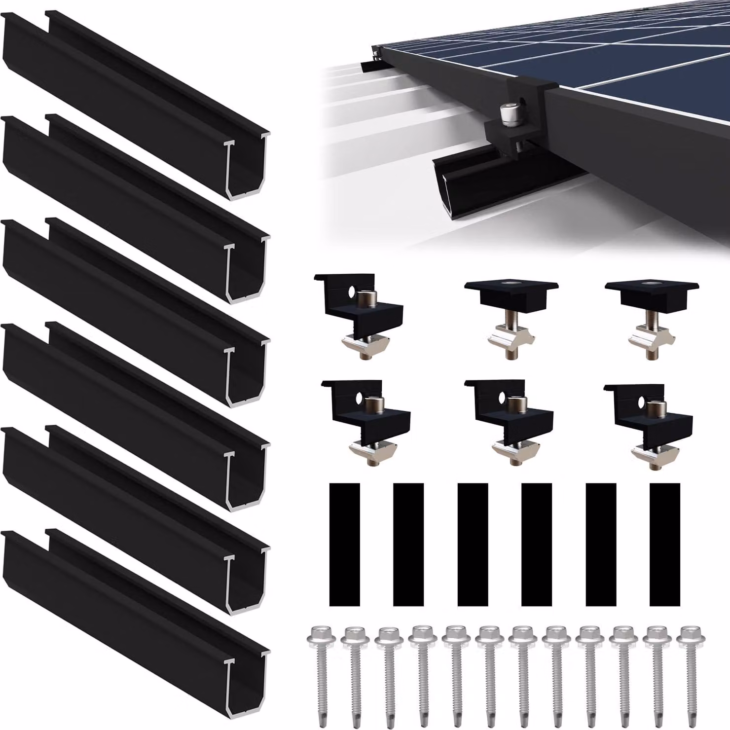 Kit di montaggio fotovoltaico per 2 moduli, binario da 12 cm, alluminio, colore nero