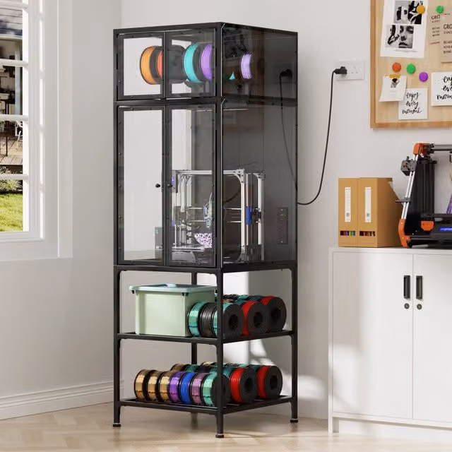 Mobile contenitore per stampante 3D con ripiani per filamenti, in metallo, nero, 175.5 × 58.9 × 59.9 cm