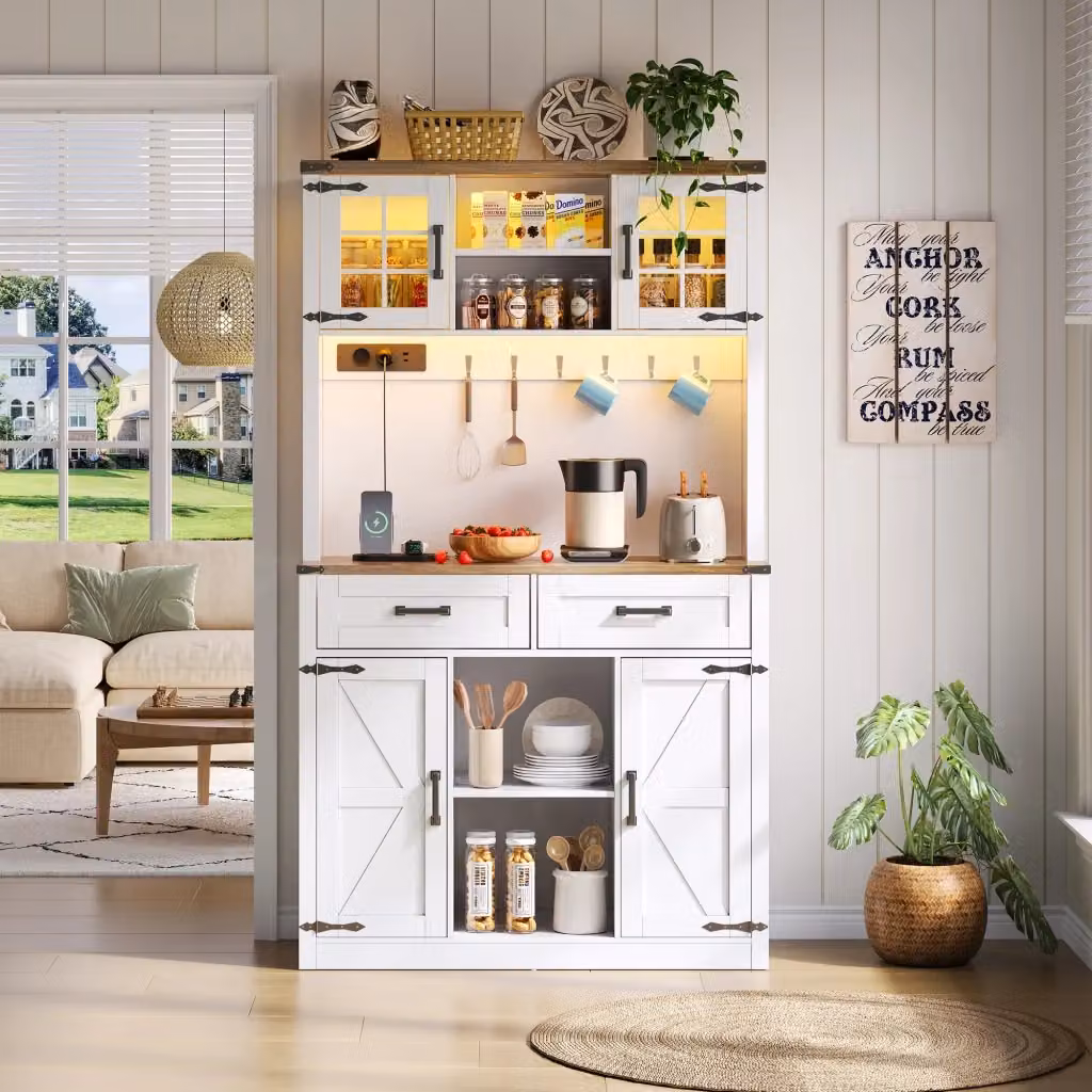 Credenza e buffet in stile industrial con illuminazione LED regolabile, prese elettriche e porte USB/Tipo C, bianco e marrone – 2