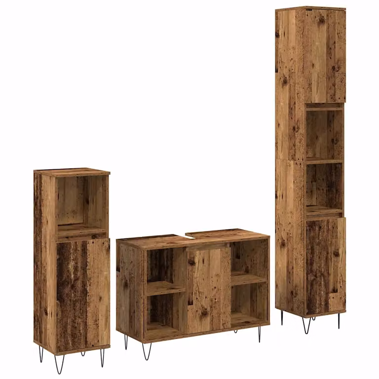 Set di mobili per il bagno vidaXL in legno e metallo marrone, composto da 3 pezzi con mobile lavabo, colonna alta e mobile laterale, stile minimalista