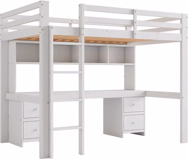 Letto a soppalco per bambini 90x200 cm in legno di pino bianco con scrivania e ampio spazio di stoccaggio
