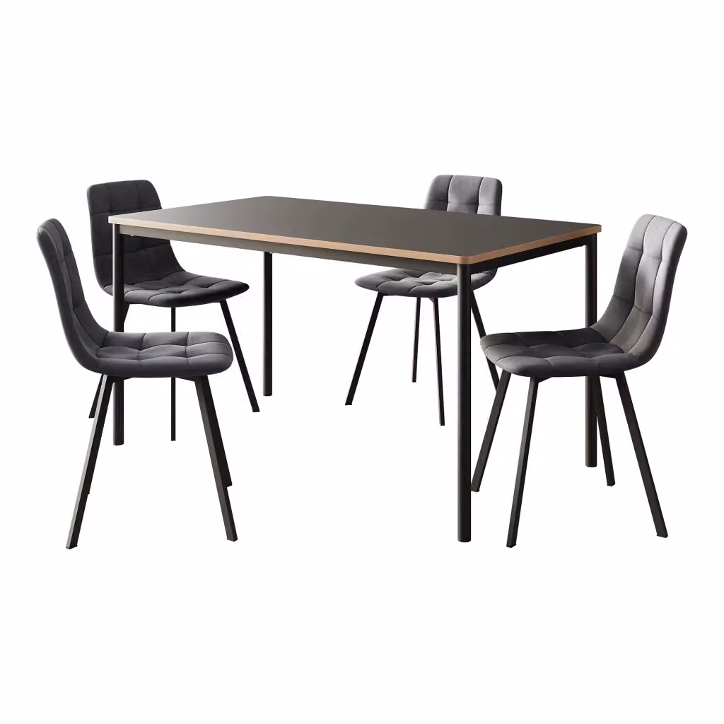 Set da Pranzo Lindesberg en.casa con Tavolo Rettangolare e 4 Sedie Imbottite - Grigio e Nero – 2