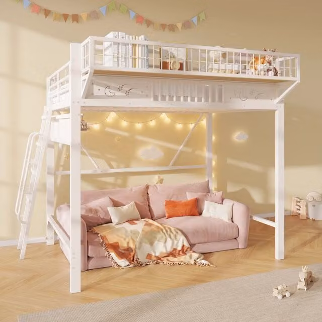 Letto a soppalco 140x200 cm con vani portaoggetti e spazio aperto in metallo bianco