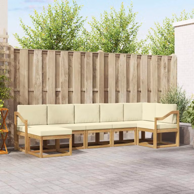 Set di divani da esterno vidaXL a forma di L composto da 7 pezzi in legno di acacia con cuscini in poliestere bianco e beige