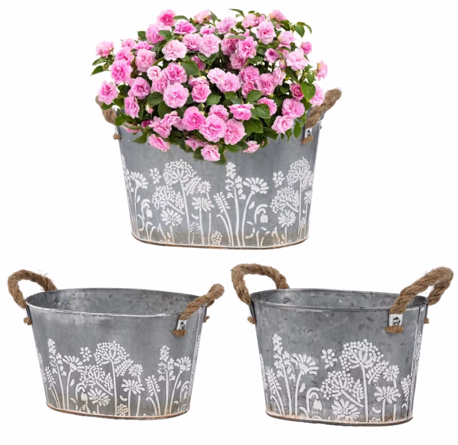 Set vintage di 3 vasi per piante in metallo zincato