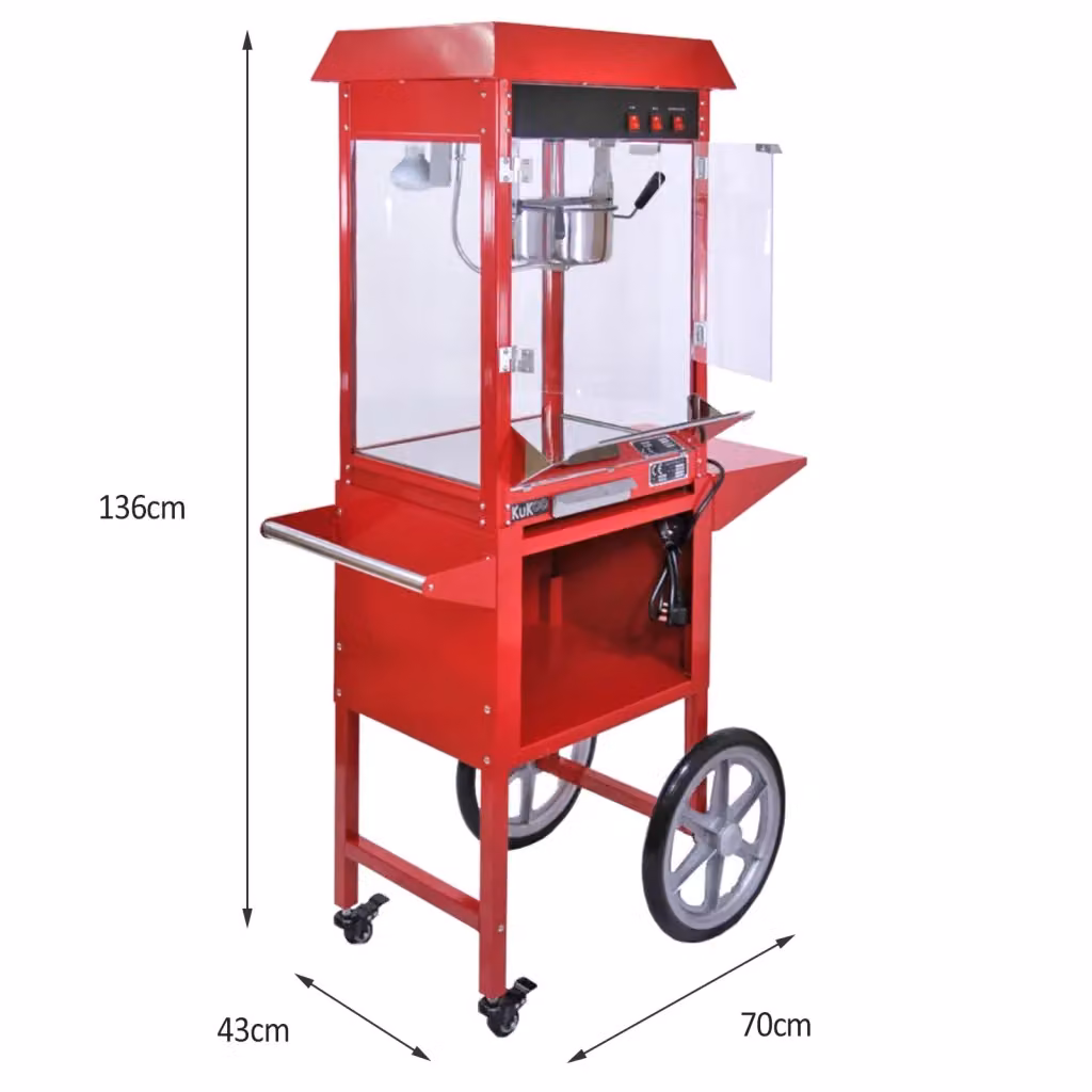 Macchina per Popcorn e Zucchero Filato Professionale Kukoo con Carrellino, Colore Rosso, Funzione Keep Warm e Acciaio Inox – 2