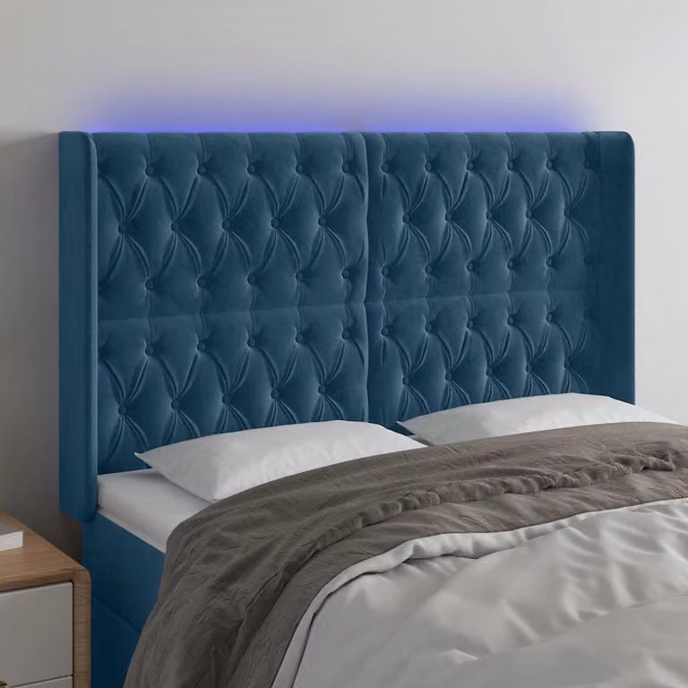 Testiera per letto vidaXL in velluto blu con illuminazione LED e porta di ricarica USB, L: 163 cm, P: 16 cm, H: 118/128 cm