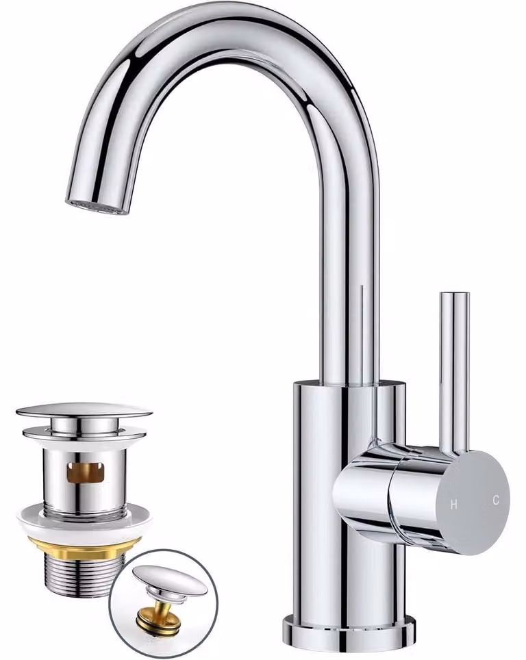 FORIOUS Rubinetto per lavabo di alta qualità per bagno, acciaio inossidabile girevole a 360° con set di scarico, cromo lucido, montaggio semplice