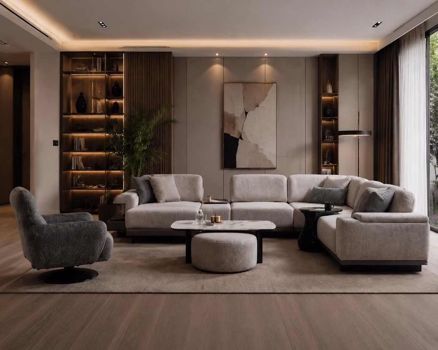 Divano moderno grigio, set con divano a forma di L, poltrona imbottita e poggiapiedi