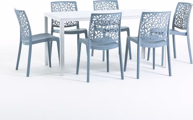 Set da pranzo per esterni con tavolo rettangolare 156x78 cm e 6 sedie impilabili in resina rinforzata con fibra di vetro - design moderno in look legno, ideale per giardino, terrazza e aree esterne coperte - THOMAS+ANNA - Cemento/Bianco