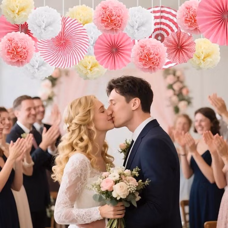 Bellissime decorazioni per feste in carta rosa, composte da 18 pezzi, con pompon e ventagli, ideali per matrimoni, compleanni e feste