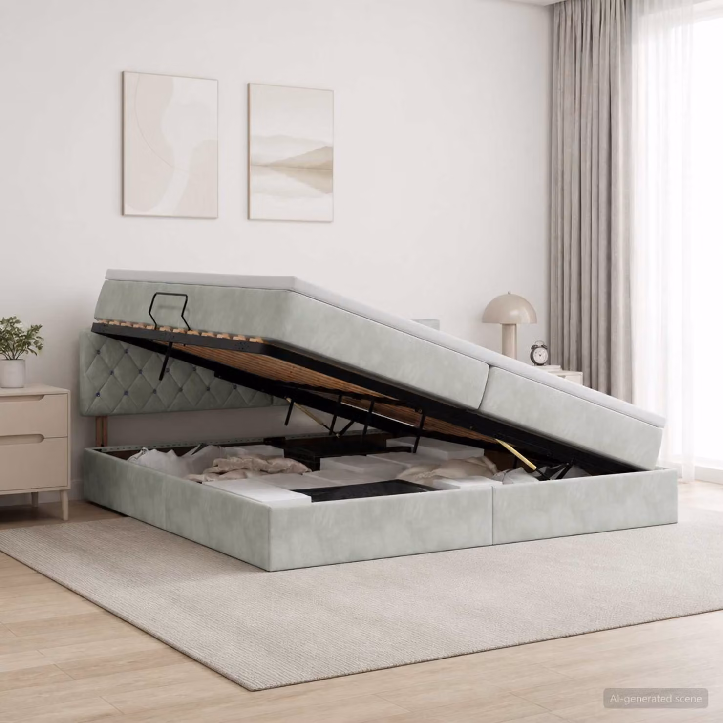 Letto con contenitore e illuminazione LED vidaXL in tessuto grigio con materasso a molle L/P/H: 200 x 200 x 88 cm