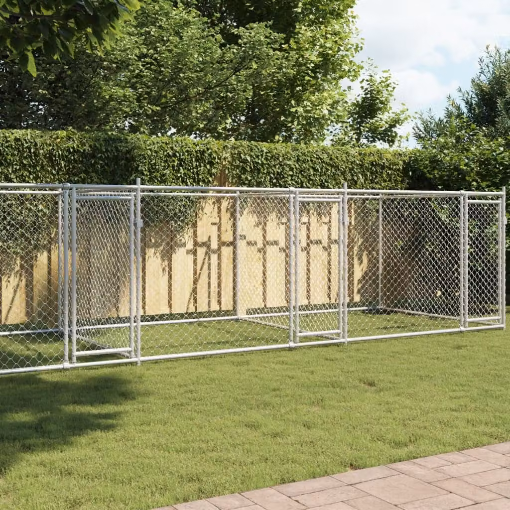 vidaXL Gabbia per Cani con Porte in Acciaio Zincato Grigio L: 8 m, H: 2 m, P: 1,5 m – 1