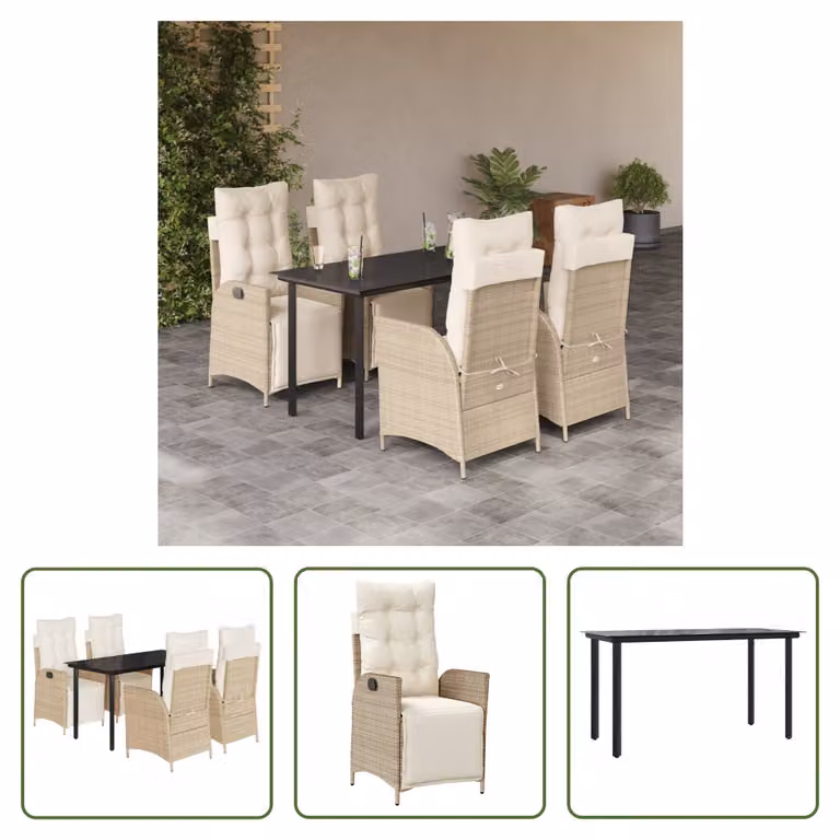 The Living Store Set da pranzo da giardino 5 pezzi con cuscini Beige poly rattan