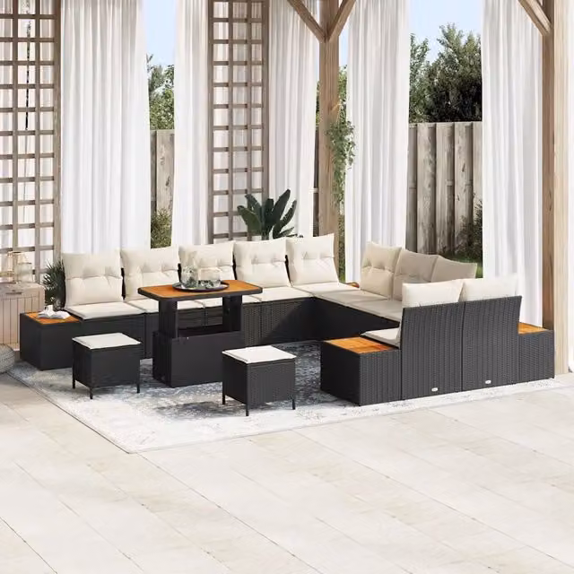 Set Divano da Giardino vidaXL a Forma a U con 13 Pezzi, Nero, con Tavolino, Ottoman e Cuscini Inclusi