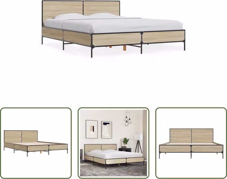 The Living Store Struttura per letto in rovere Sonoma 150x200 cm Materiale a base di legno e metallo
