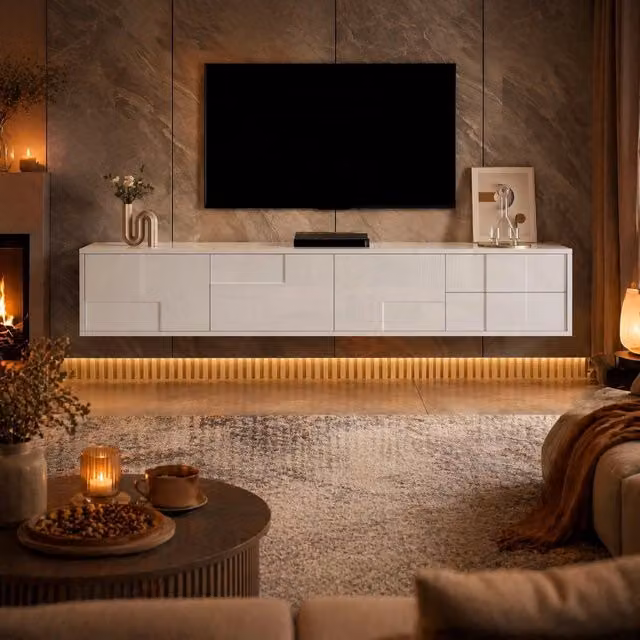 Mobile TV ULEVR 170x30x30,5 cm con 3 ante e 2 cassetti, installazione sospesa o a terra, bianco lucido
