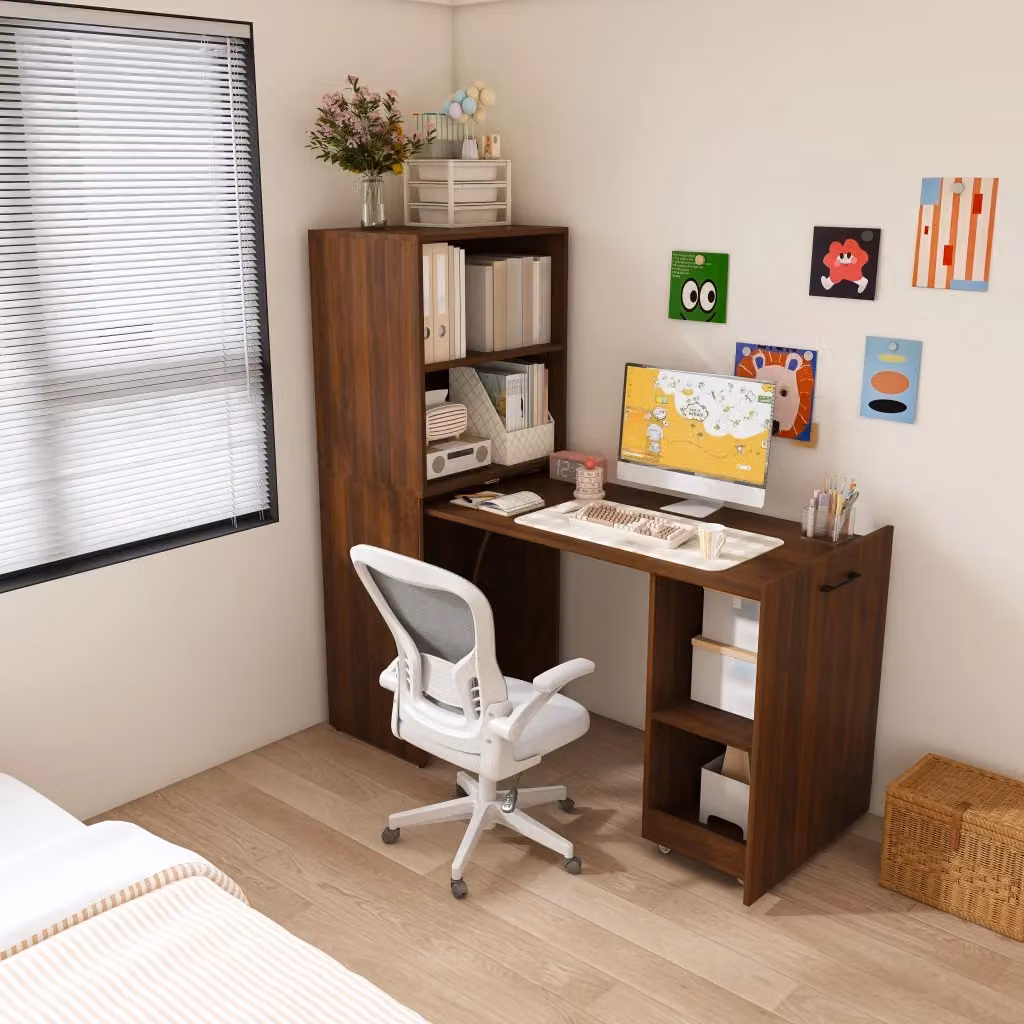 Scrivania estraibile Mivray con mobile contenitore e ruote, colore marrone – 2