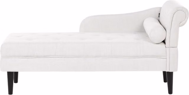 Chaise longue destra in tessuto bianco sporco imbottita con cuscino facile da pulire, gambe in legno, soggiorno moderno