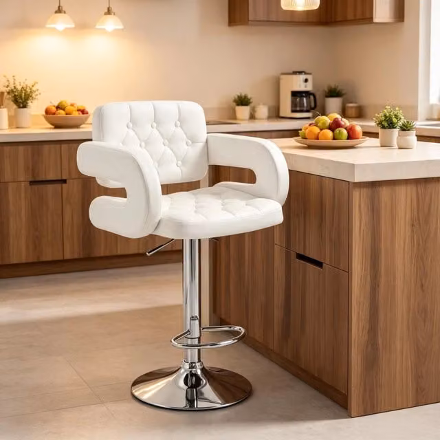 Sgabello da bar WISHDOR con schienale e braccioli, bianco, in ecopelle e metallo, girevole a 360 gradi – 1