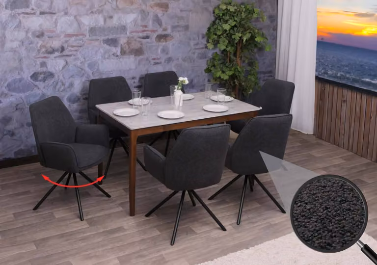Set di 6 sedie da pranzo modello HWC-G67, sedia per cucina con braccioli, girevole, con sistema di blocco automatico della posizione, rivestita in tessuto bouclé, colore grigio scuro
