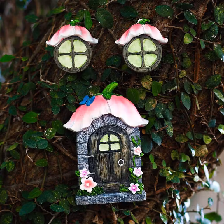 Porta e finestra delle fate in miniatura - Decorazione da giardino - 3 pezzi - Luminosa