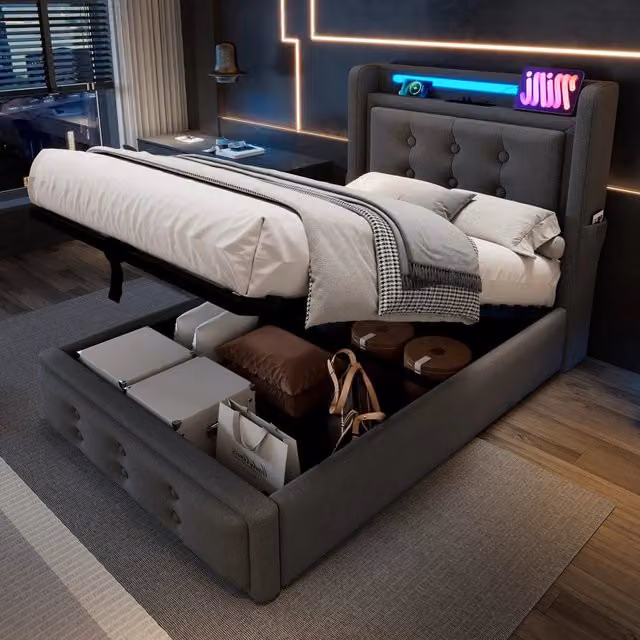 Letto singolo OKWISH con contenitore, illuminazione LED, prese USB e porta Tipo C, in tessuto grigio, L/P: 90 x 200 cm – 1