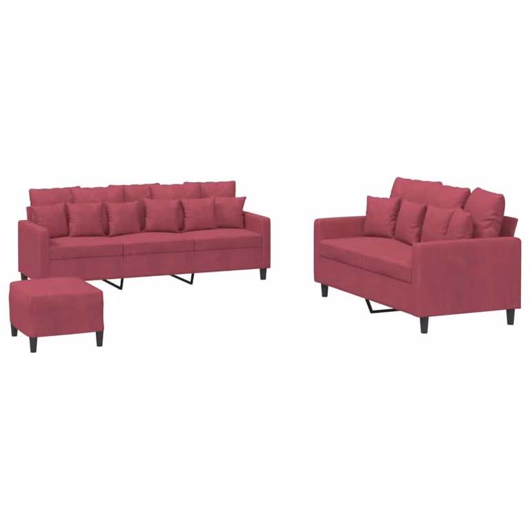 Set di Divani 3 pz con Cuscini Rosso Vino in Velluto