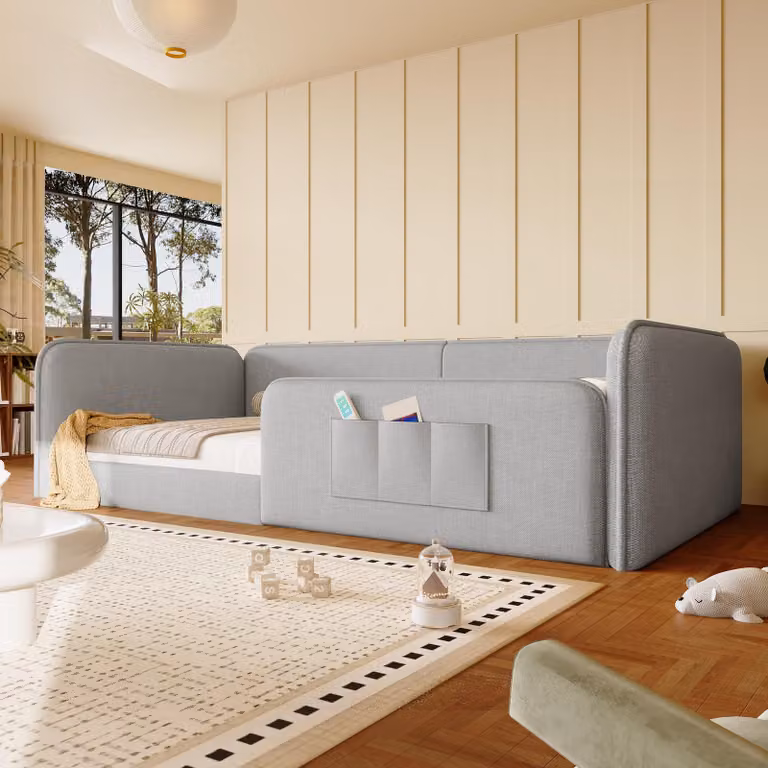 Letto a piattaforma 90x200, rivestito in lino, imbottitura in schiuma, struttura di sicurezza perimetrale (grigio)