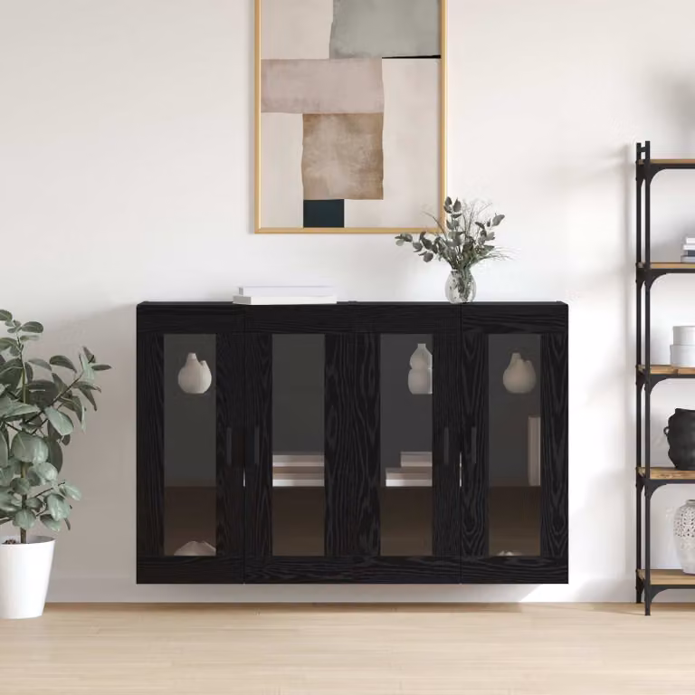 Set di 2 armadi da muro moderni vidaXL con ante in vetro e ripiani interni, colore nero opaco, L: 69,5 cm, P: 34 cm, H: 90 cm