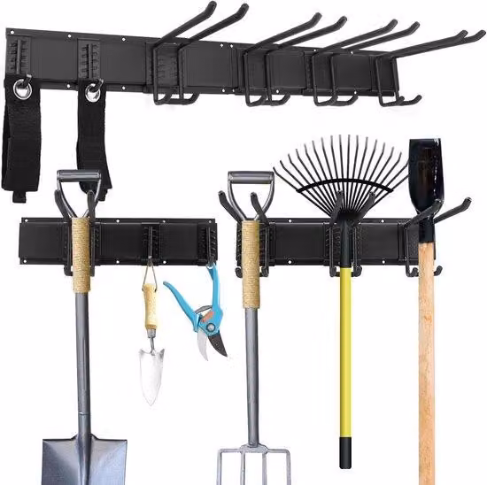 Organizzatore da garage con 6 ganci metallici regolabili per attrezzi da giardino, da montare a parete, ideale per scope, rastrelli, forbici, trapani