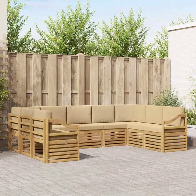 Set di divani da esterno a L vidaXL in legno di acacia con cuscini, Bianco e Beige