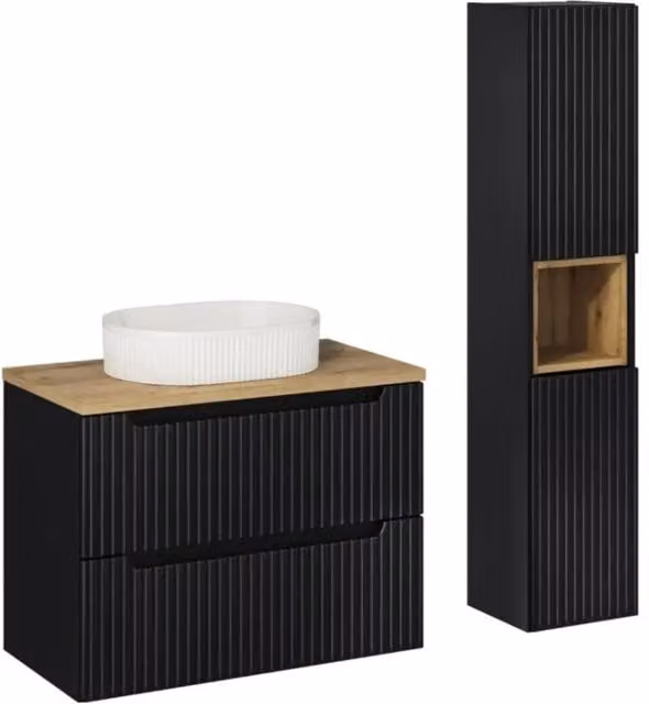 Set VANO 110cm: mobile sottolavabo con cassetti + piano per lavabo + lavabo da appoggio scanalato bianco + colonna